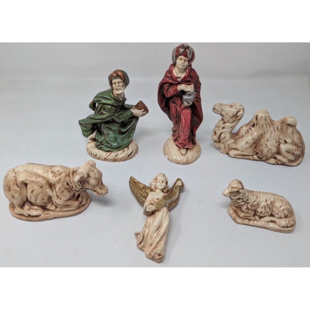 Vintage Nativity Set Chalkware / Ceramic Wisemen Animals Angel (Atlantic Mold?)